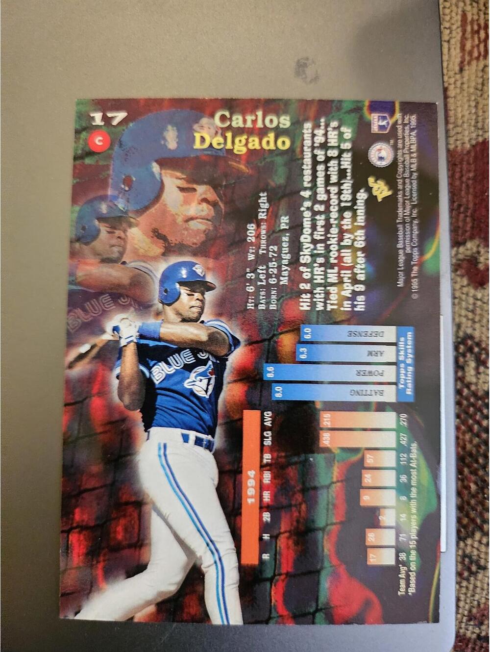 1995 Topps Stadium Club Baseball #17 Carlos Delgado - Picture 2 of 2